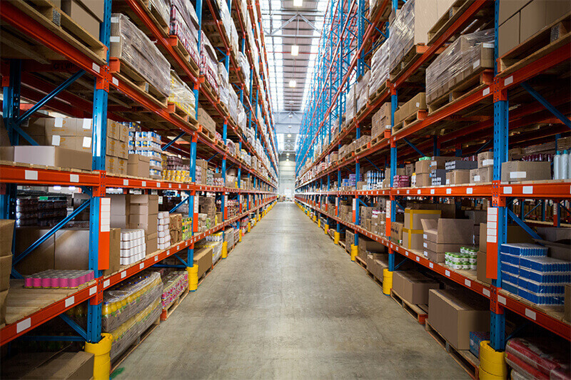 Inventory on shelves in a warehouse