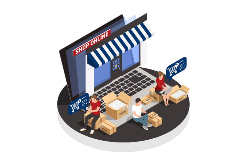 illustration of a group of people receiving and ordering packages in front of a shop shaped like a laptop
