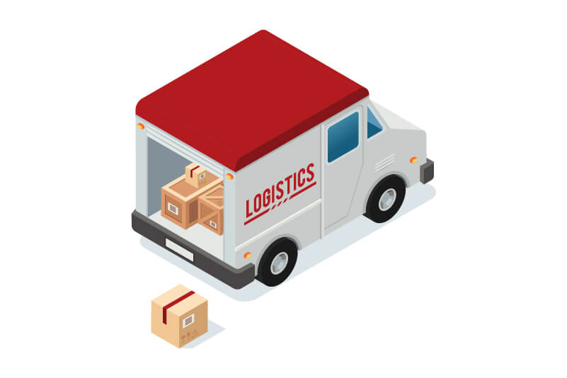 illustration of a logistics van in the process of delivering boxes