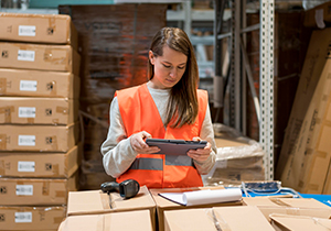 female employee checking inventory on a tablet