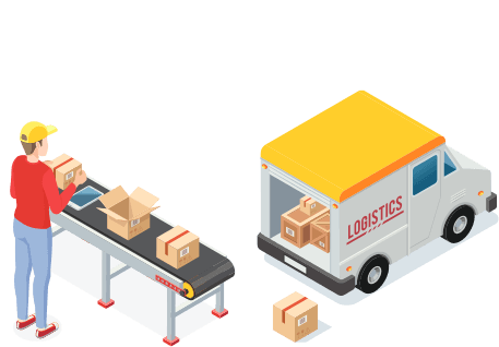 illustration of a employee working an assembly line onto a delivery truck