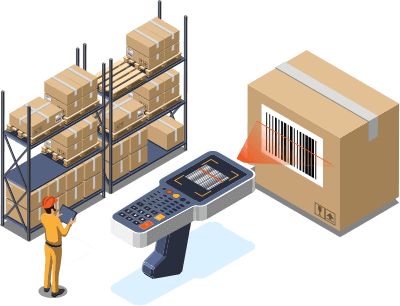 illustration of a shelf full of boxes a worker on a tablet and a box being scanned