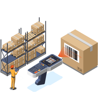 illustration of a shelf full of boxes a worker on a tablet and a box being scanned