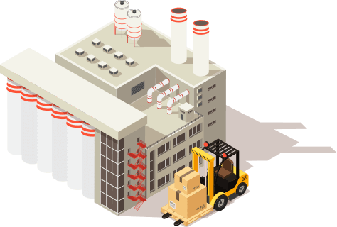 illustration of a fork truck in front of an industrial factory